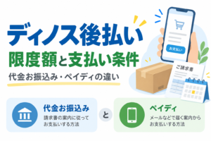 ディノス後払いの限度額と支払い条件を、代金お振込みとペイディの違いから確認する案内