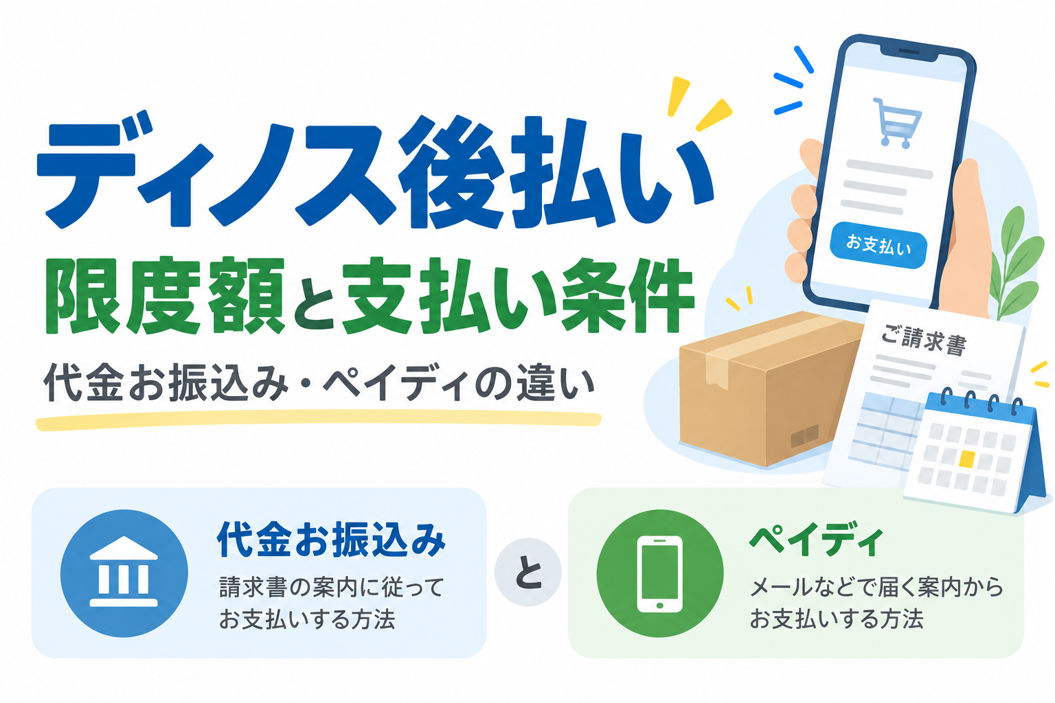 ディノス後払いの限度額と支払い条件を、代金お振込みとペイディの違いから確認する案内